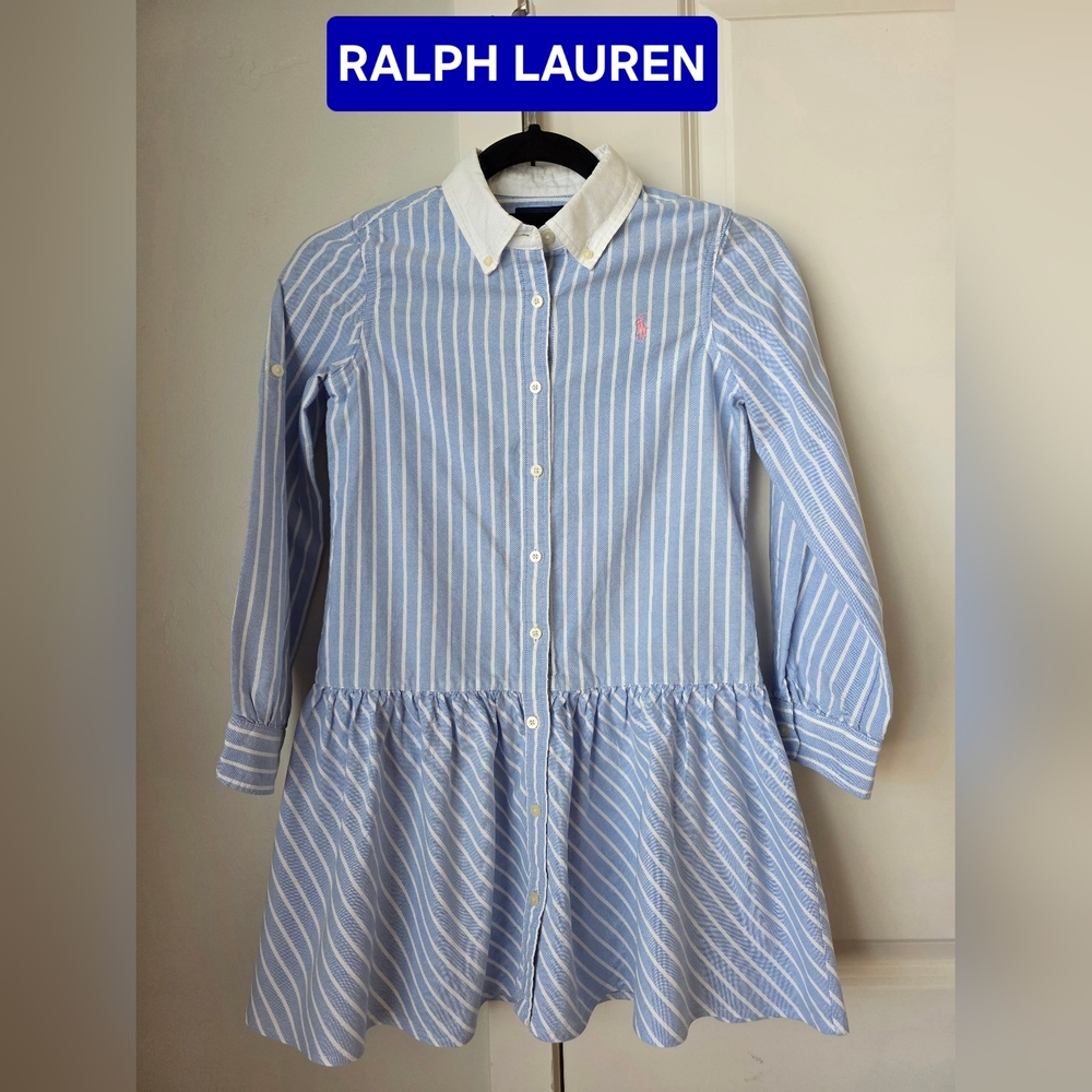 Ralph Lauren Girls Blue Striped Front Buttoned Rolled Sleeves Cotton Dress